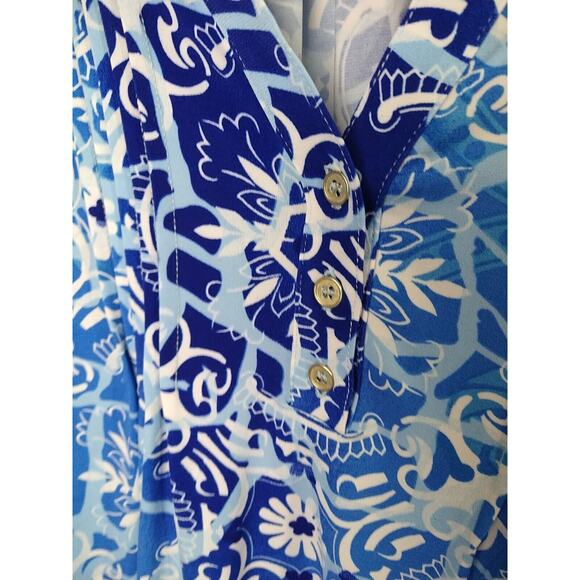 Ny Collection Blouse *M* Blue White Floral Abstract V Neck Roll Tab Sleeve - Picture 4 of 10